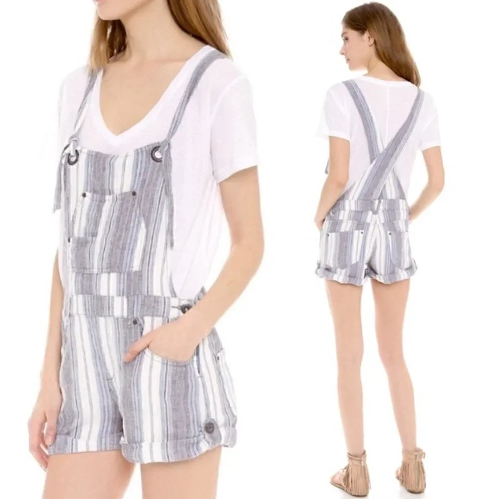 Free People Linen Striped Overall Shorts